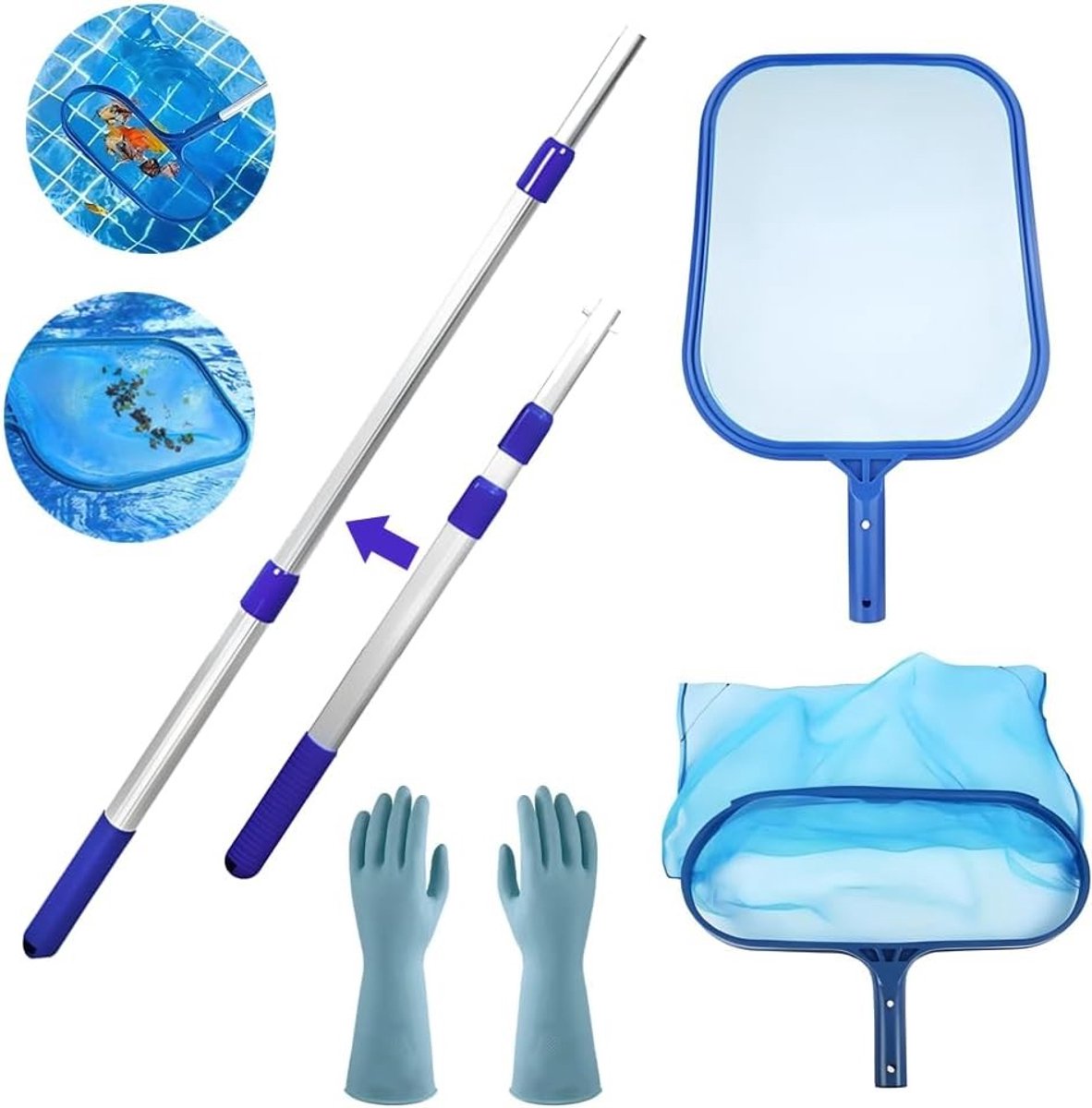 SnelShoppen - Pool Reinigingsset met Telescopische Steel, 34 cm Diepe Net, Schoonmaakhandschoenen - Perfect voor Zwembad, Vijver, Spa, Aquarium, Paddl