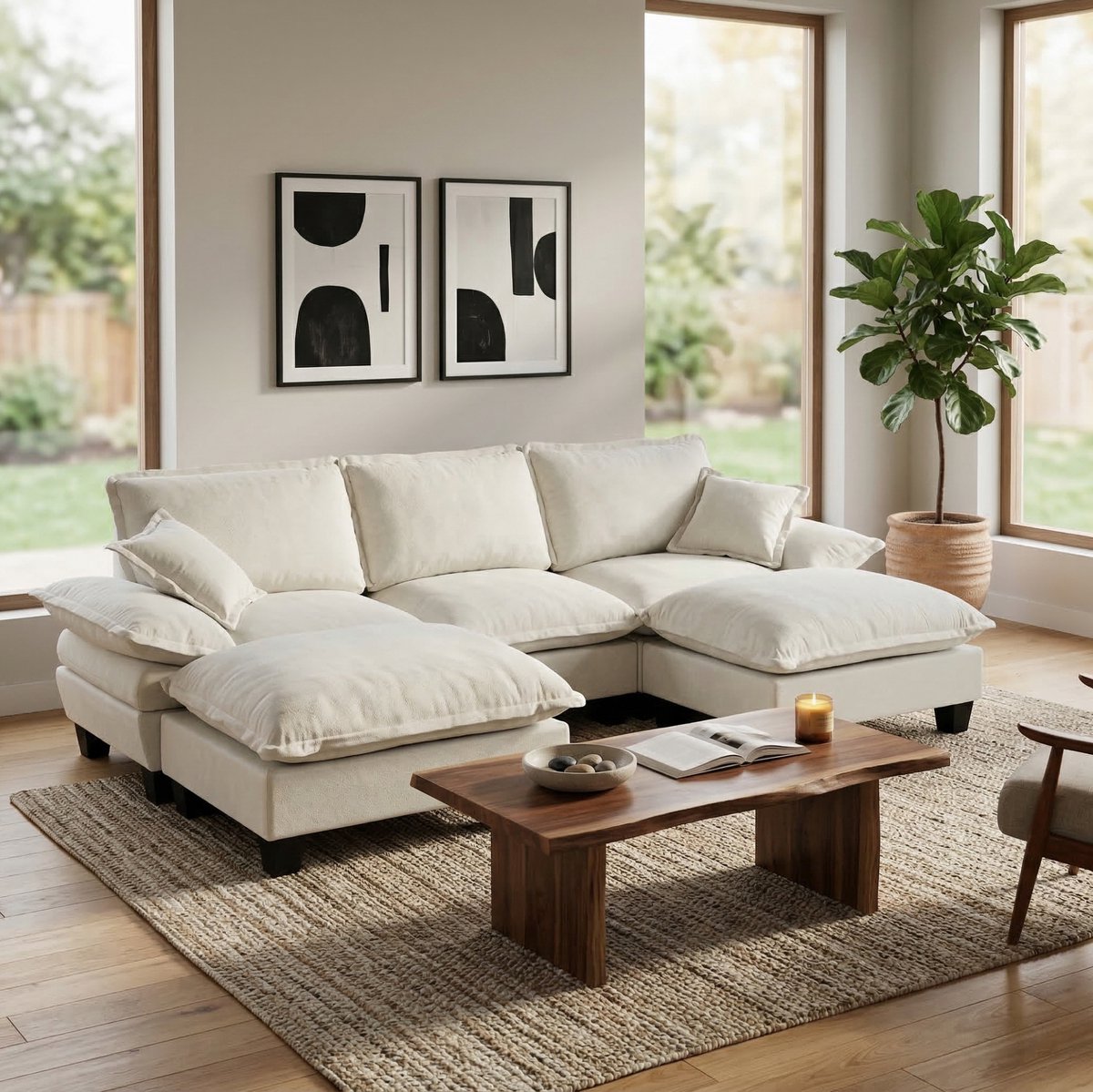 FloraGrace U Bank 5 Zitplaatsen Modulaire Hoekbank Met Verplaatsbare Ottomanen En Kussens Voor Woonkamer Beige Chenille