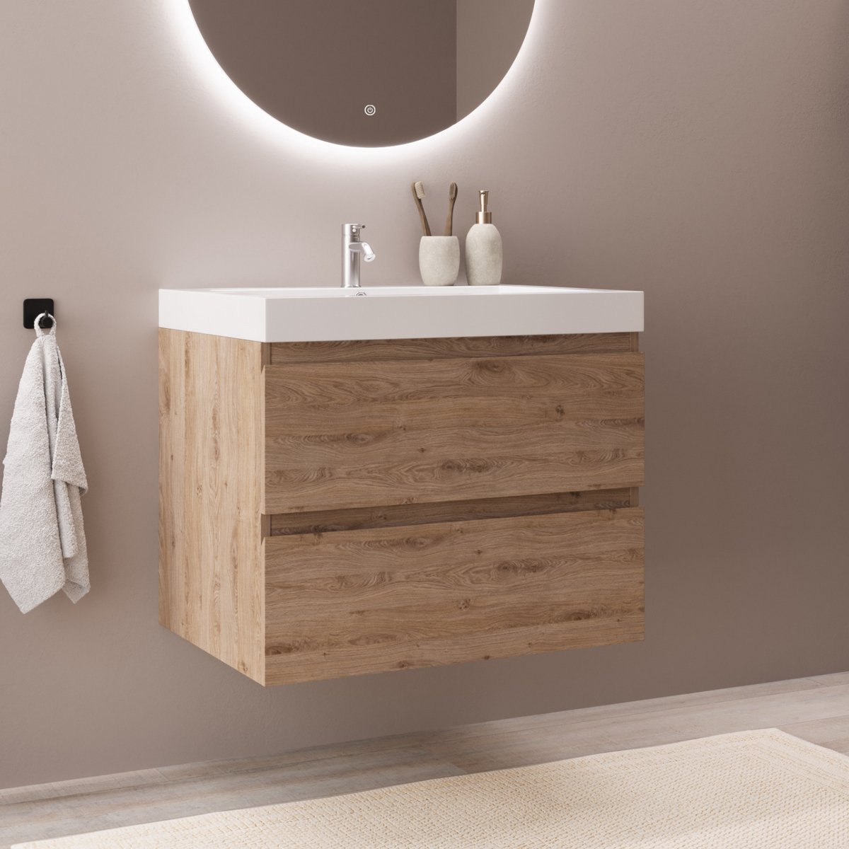 LOMAZOO Badkamermeubel Licht Eiken 60 cm - Wastafel Wit - Wastafelmeubel - Wastafelkast Zwevend [MONACO]