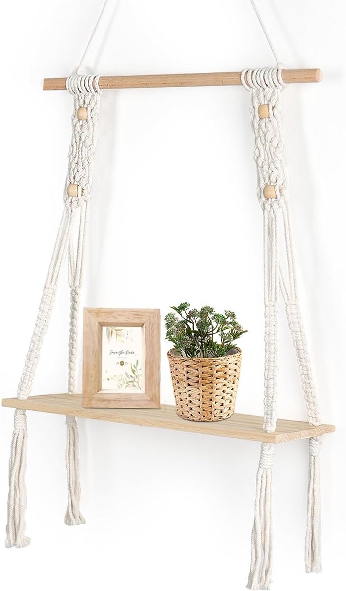 Houten Boho Wandplank met Macramé - Handgeweven Zwevende Plank voor Balkon, Badkamer en Slaapkamer Decoratie