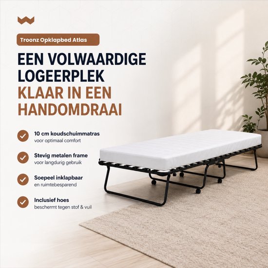 Troonz® Lit d'appoint Atlas 90x200 cm – Lit pliant 1 personne - Lit escamotable avec matelas - Lit d'appoint - Lit simple - Avec housse de protection