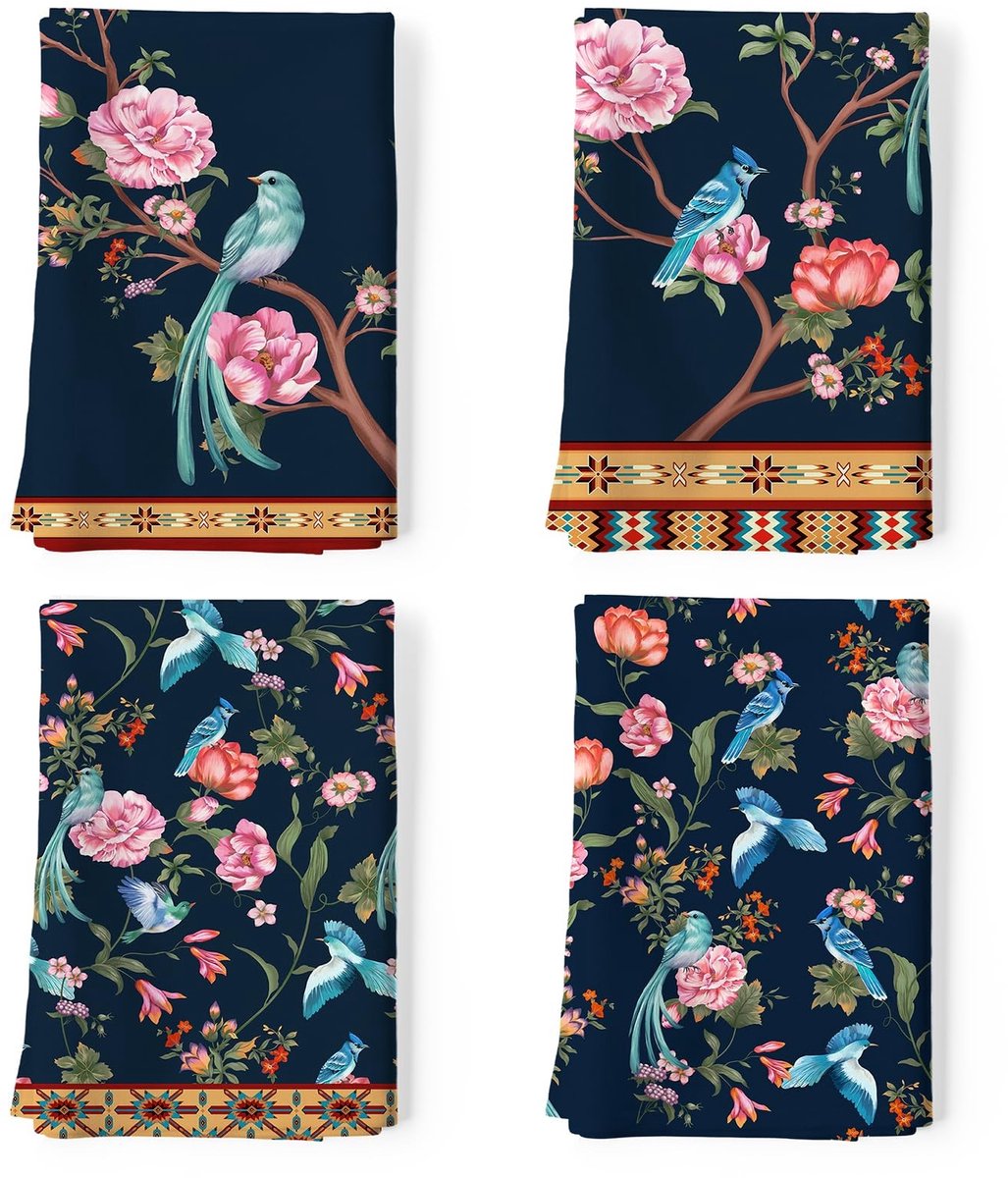 LIVIA HOME- Keukendoeken Set - 100% Katoen - Multifunctionele Vaatdoeken - 48 x 70 cm - Sneldrogend - Retro Vogel/Bloemtakken Patroon - Theedoeken