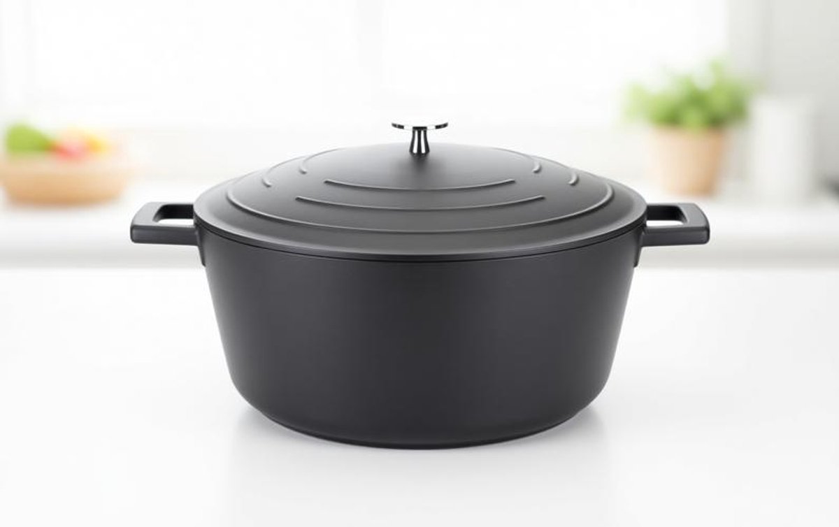 ElleMooi Ronde Braadpan met Deksel, Gietaluminium, 5 Liter / 28 cm, Zwart