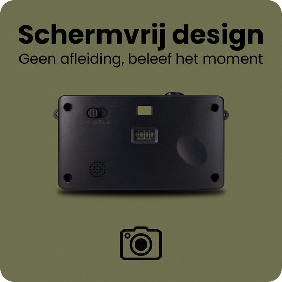 Achterkant van de zwarte digitale camera met groene voorkant. Bevat een batterijklep en een digitale teller. Tekst: Schermvrij design.