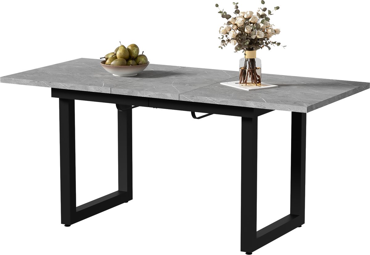 Merax Uitschuifbare Eettafel 140-180 x 80 x 75 cm - Rechthoekige Eettafel met Betonlook Tafelblad - Zwart Metalen Onderstel - Industriële Keukentafel voor Eetkamer en Woonkamer