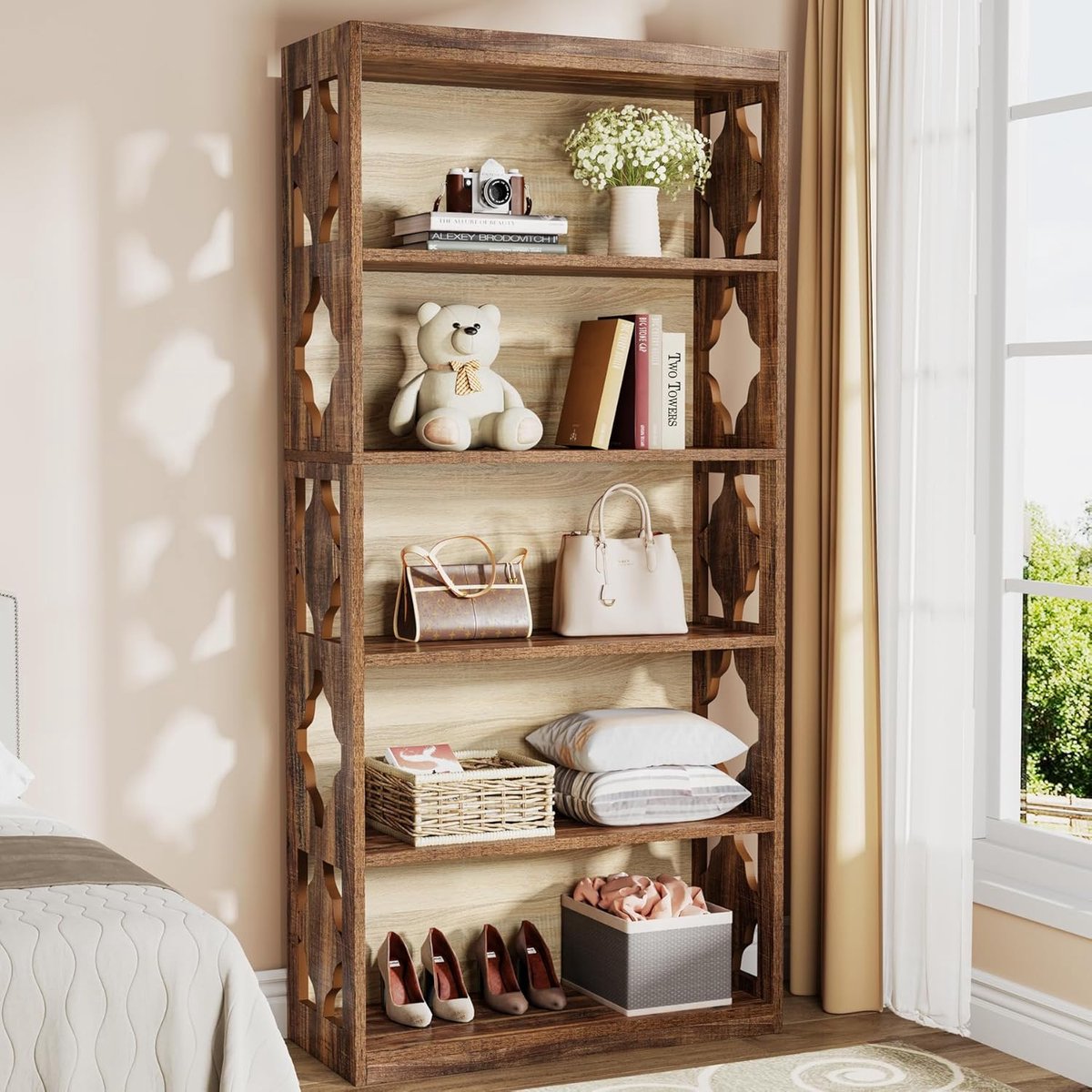Boekenkast 6-Laags Industrieel - House&Garden Windsor Elite Boekenkast - Hoge Open Vakkenkast met Gesloten Achterwand en Ruitdesign - Houten Opbergkast voor Woonkamer, Kantoor en Slaapkamer - Vintage Walnoot - 80 x 30 x 179 cm