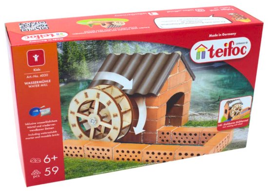 Doos met Teifoc watermolen bouwset; inclusief rode bakstenen, troffel, kom, cement en houten waterrad. "Made in Germany", "Teifoc", "6+", "59 pcs".