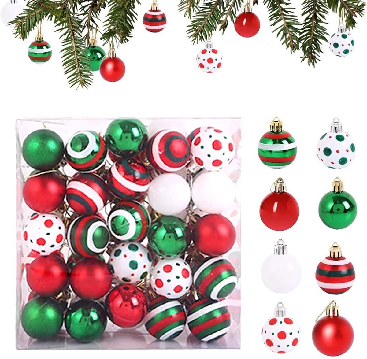 Dailygoods- Kerstballen 50 stuks - Mini-kerstballen 4 cm - Robuuste decoratieve ballen - Feestversiering binnen/buiten - Rood/goud - Stevig koord om op te hangen - Kerstdecoratie