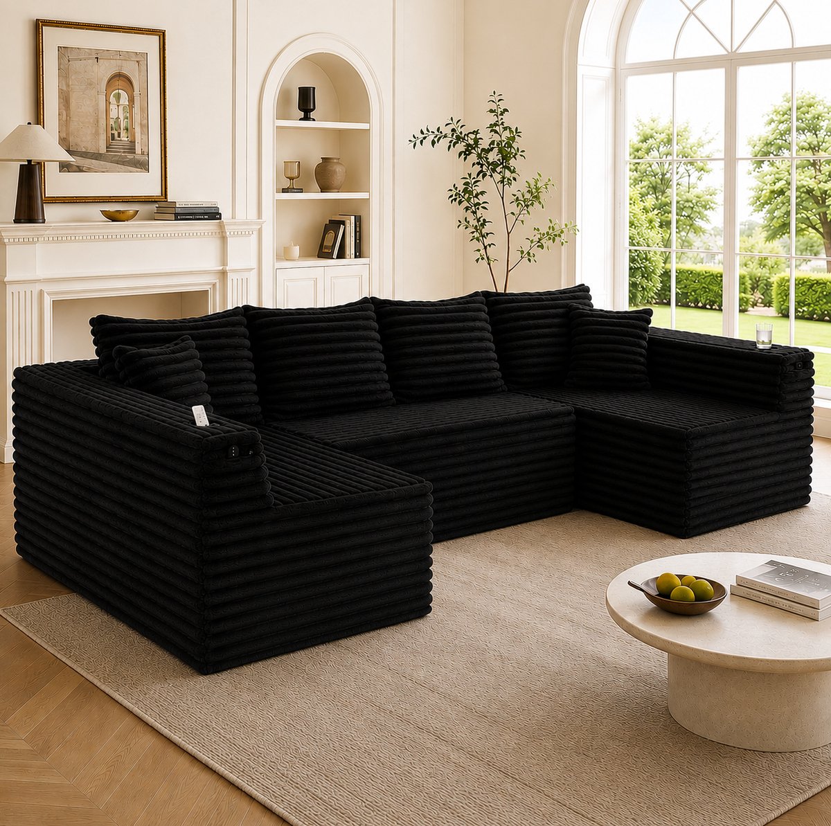 OKWISH U-Bank 320 x 155 cm - Modulaire Cord Sofa Met Bekerhouders En Zijvakken - Ergonomisch Comfort - Woonkamer - Zwart