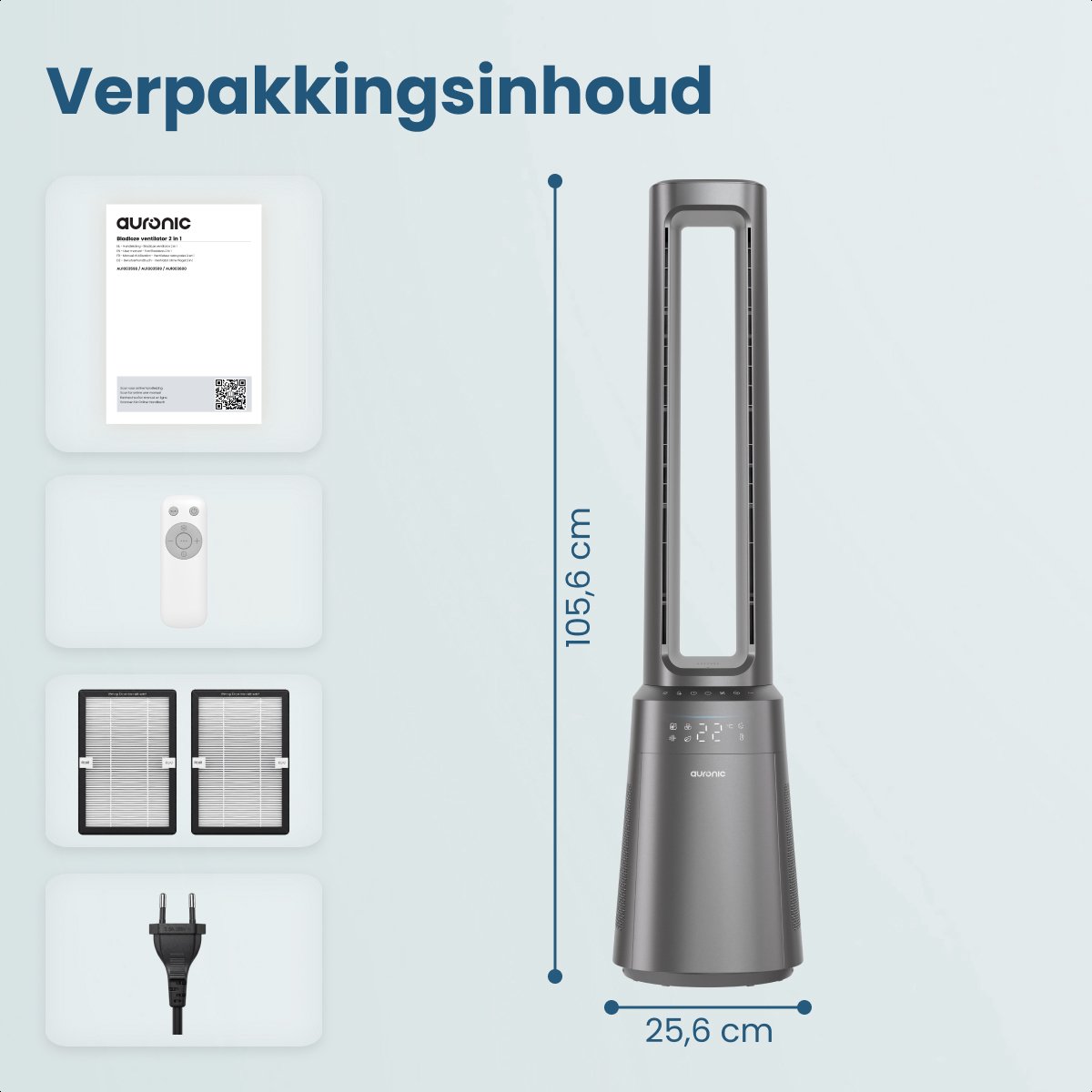 Auronic Torenventilator - Bladeless Model 2 in 1 - Luchtreiniger met HEPA-filter - Ventilator - 10 Standen - Afstandsbediening - 105 cm - Lichtgrijs — afbeelding 7