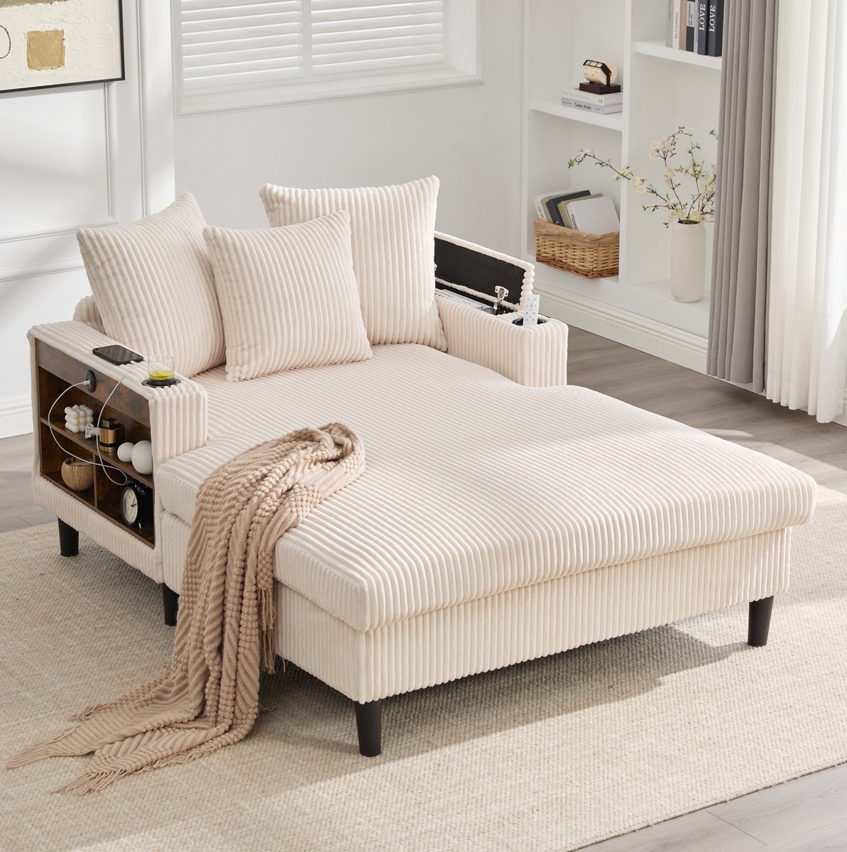 STILVORA Chaise Longue 129 x 170 cm - Met LED, USB, Opbergruimte En Bekerhouders - Voor Woonkamer En Lounge - Ribfluweel Beige