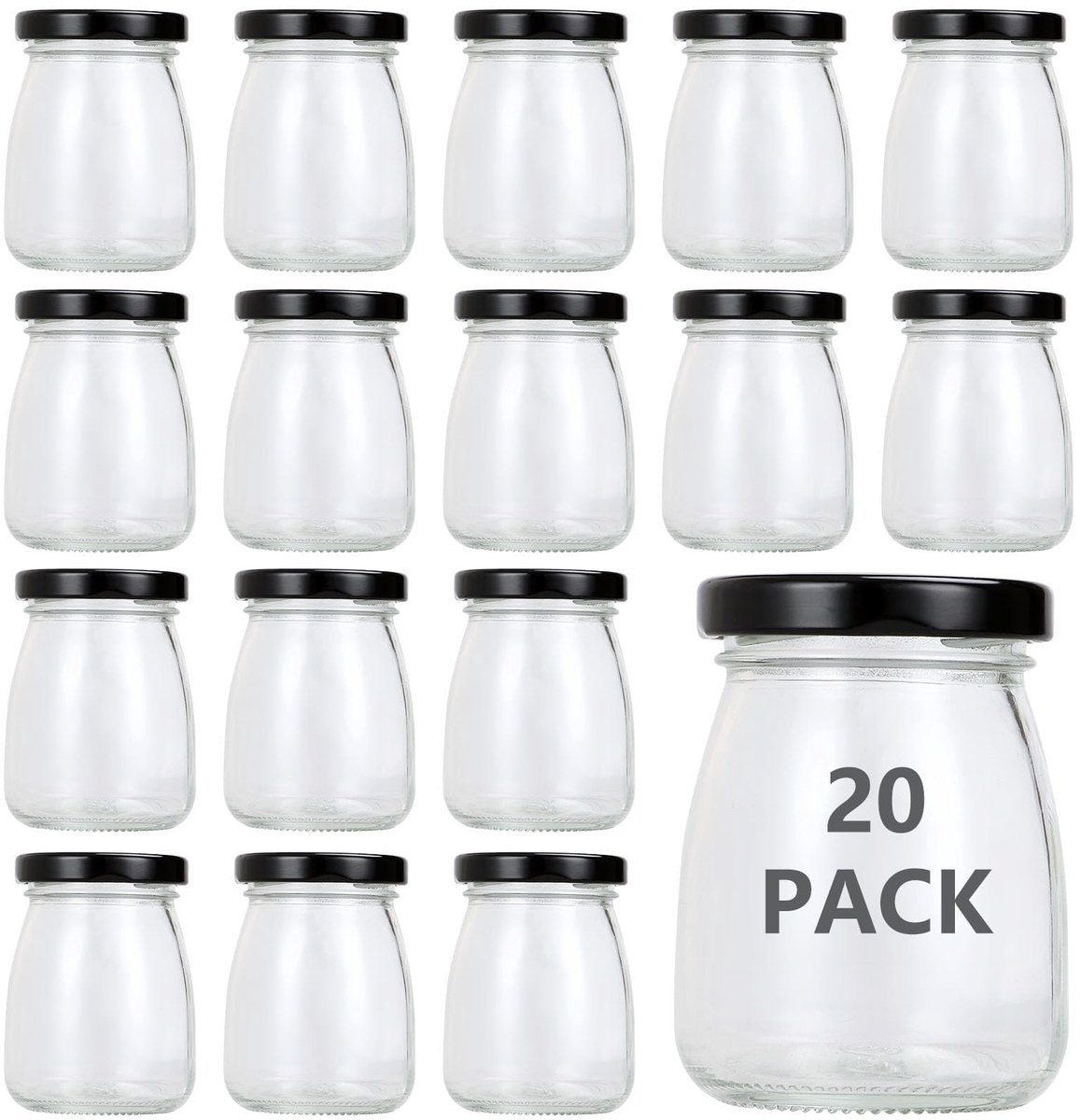 JHUBERS- Yoghurtglazen 100ml - 20 Stuks - Glazen Potten - Mini Flessen - Voedselveilig - Zwart Deksel - Antislip Bodem - Jampotjes