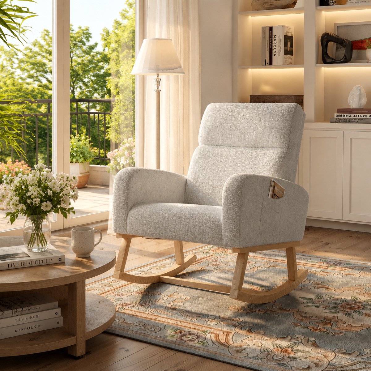 Fauteuil - Schommelstoel Met armleuningen en rugsteun - Voedingsstoel - Relaxstoel babykamer met zijzakken - Beige