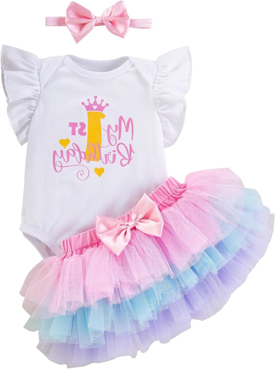 Schattige Baby Meisje Eerste Verjaardag Kledingset met Romper, Tutu Rok en Haarband voor Cake Smash en Fotoshoot