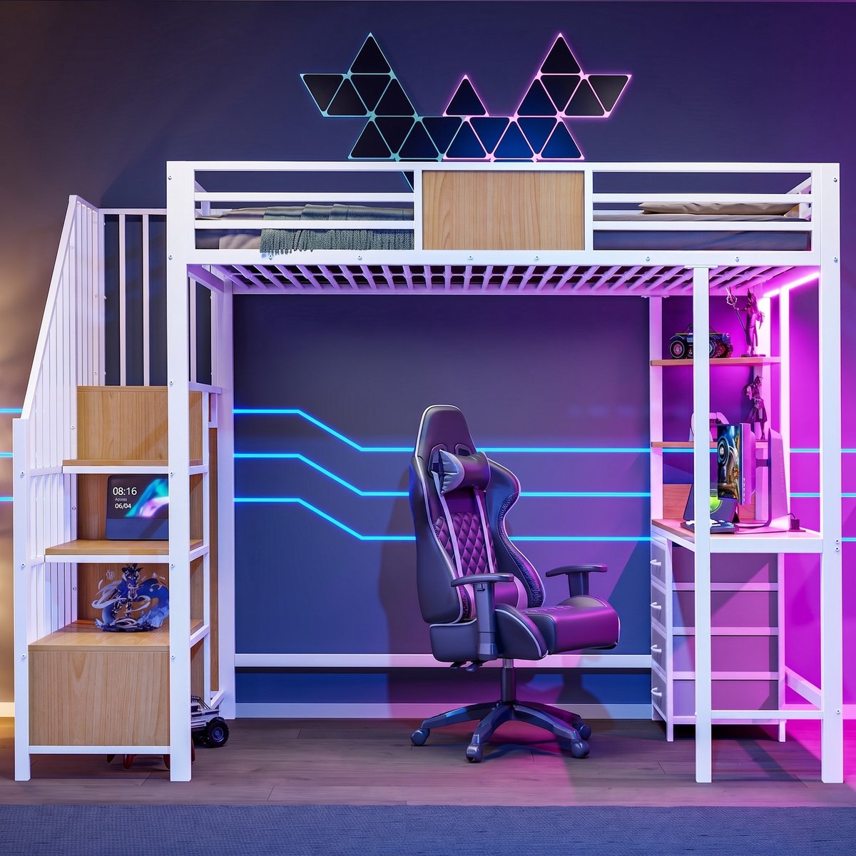 VVBV Stapelbed 90x200 – Kinderstapelbed met Bureau, Opbergrekken en LED – Metaal – Wit – Lades – Opbergruimte – LED-Verlichting White