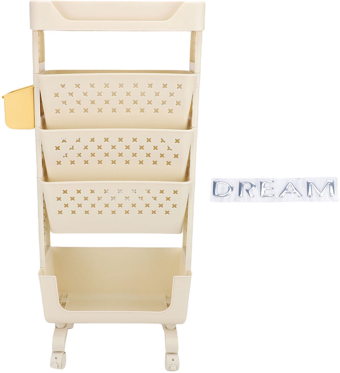 Trolley - Keukentrolley op wieltjes - Keukentrolley - Opbergrek - Mobiel boekenrek - Rolbare boekenwagen - Meerlaags opbergrek - Opbergwagen met wielen - Boeken- en snackopbergwagen - Crèmewit - 40 cm x 19 cm x 90 cm