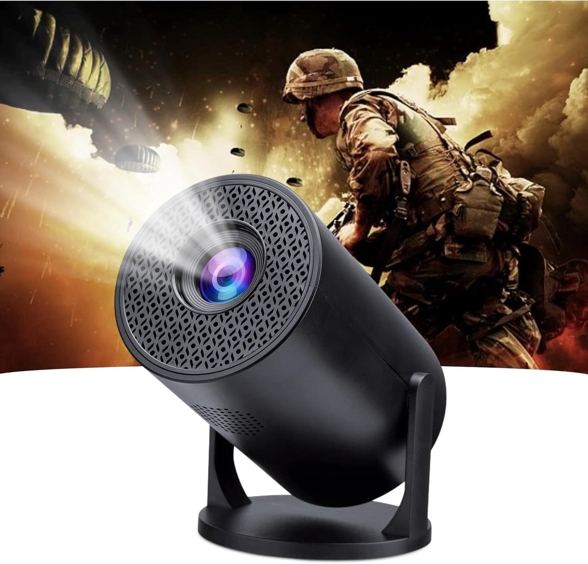 Draagbare projector 1080P met 270° verstelbare lens voor thuisbioscoop en buitenfilms, compatibel met smartphones, laptops en TV-sticks, 150" scherm, HDMI en USB aansluiting