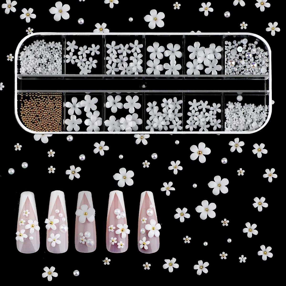 Dailygoods - 3D Acryl Bloemen voor Nagels - Nail Art Decoratie - 250 Stuks - Wit - DIY Nagel Kunst - Geschikt voor Sieraden Maken - 12 Maten