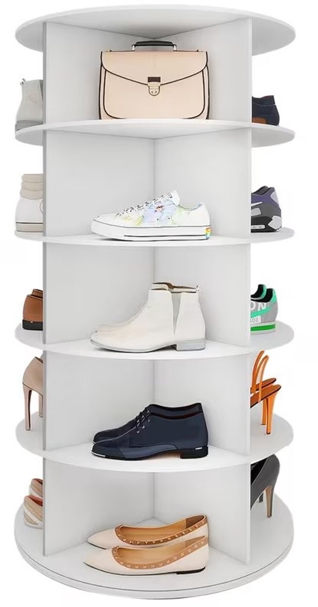 Draaibare Schoenenrek Toren 5 Niveaus 360° – Wit Rond Opbergrek voor 20 Schoenen, Lazy Susan Carrousel voor Hoeden en Tassen.