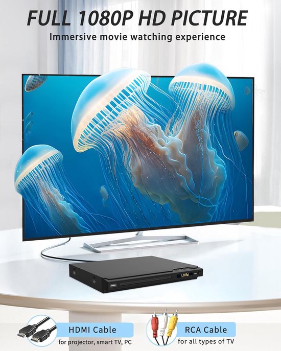 1080P HD DVD Player for Smart TV, Region free CD DVD Players HDMI with remote control, HDMI and RCA cables support PAL/NTSC, karaoke connection, USB input — afbeelding 4