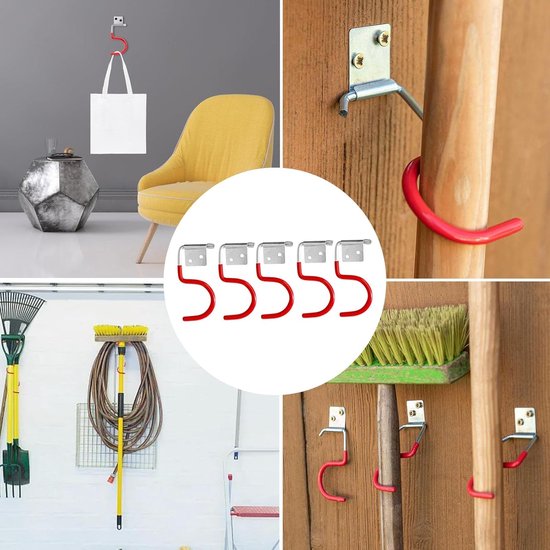 Tuingereedschapshouder, metalen haken, 15 stuks, rode haken, bezemhouder, gereedschapshouder met 30 stuks schroeven, ophanging voor tuingereedschap, met antislip rubberen coating, voor — afbeelding 3