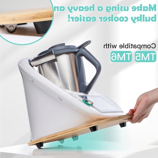 Sliding board voor Thermomix TM6 en TM5, 36 x 28 x 1 cm, accessoires van bamboe met wielen en rubberen mat voor optimale keukenfunctionaliteit — afbeelding 3