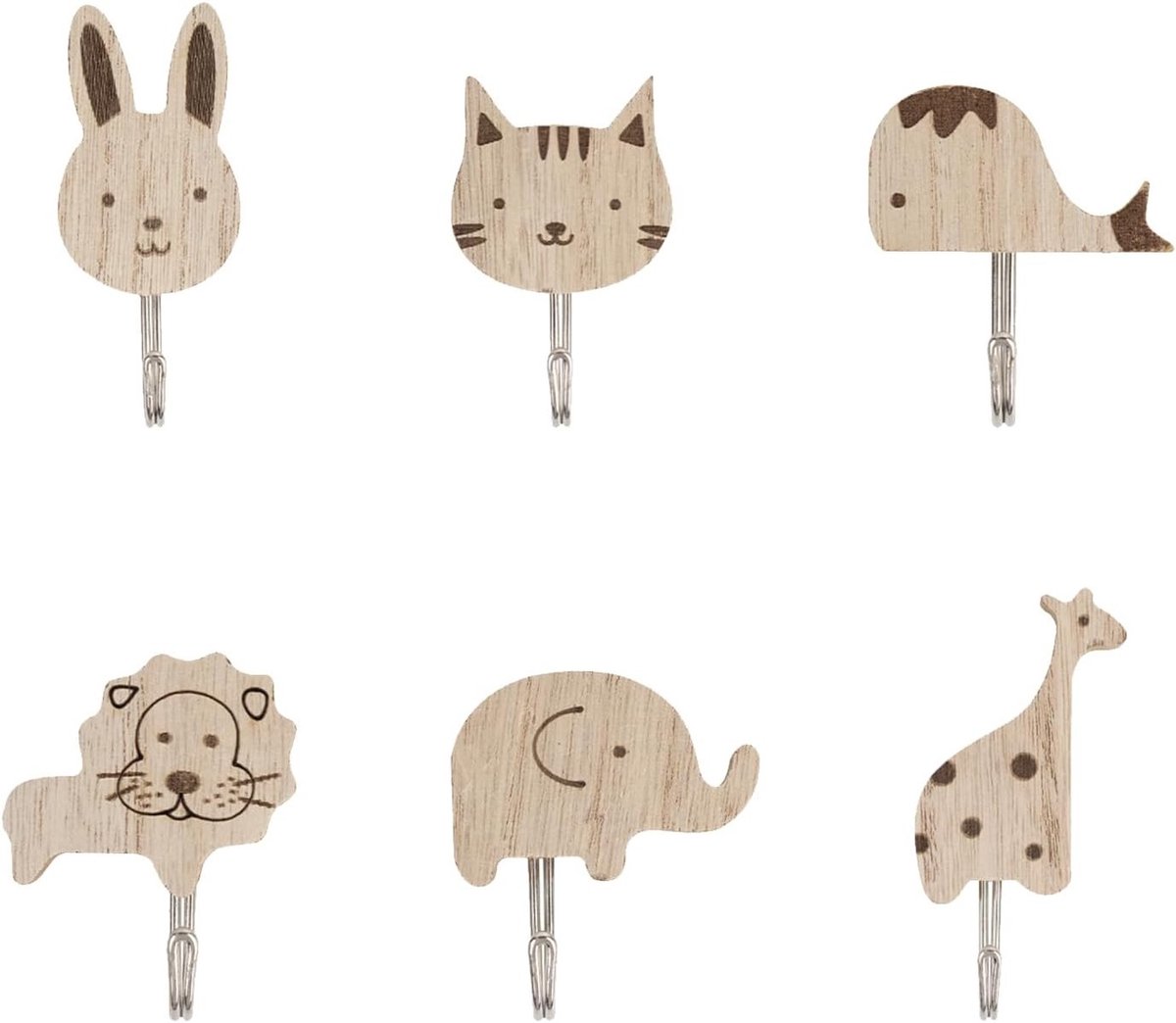 6 Stuks Wandhaakjes voor Kinderen - Schattige Houten Haakjes met Zelfklevende Achterkant, Sterke Draagkracht voor Kleding en Speelgoed in de Kinderkamer