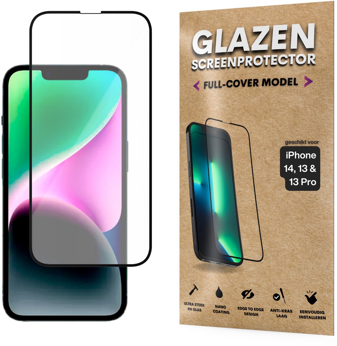 Screenprotector - Geschikt voor iPhone 16E / 14 / 13 / 13 Pro - Gehard Glas - Full Cover Tempered Glass - Case Friendly