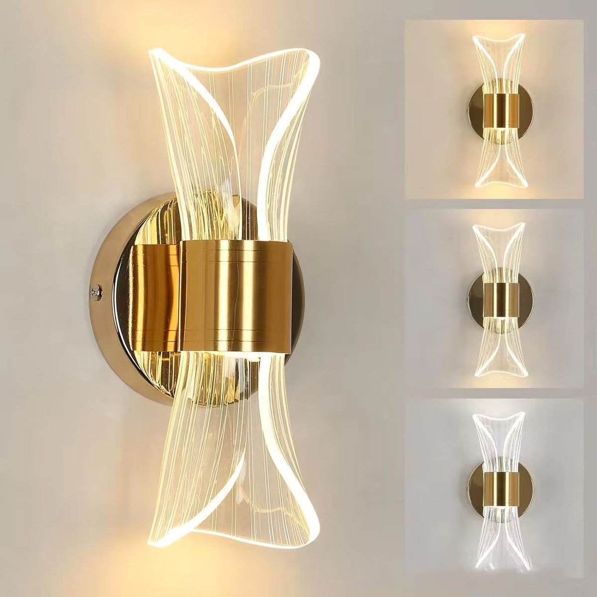 LED-wandlamp – wandlamp - Goudkleurige zandloperlamp van acryl – 4 W – Wandlamp met warm l