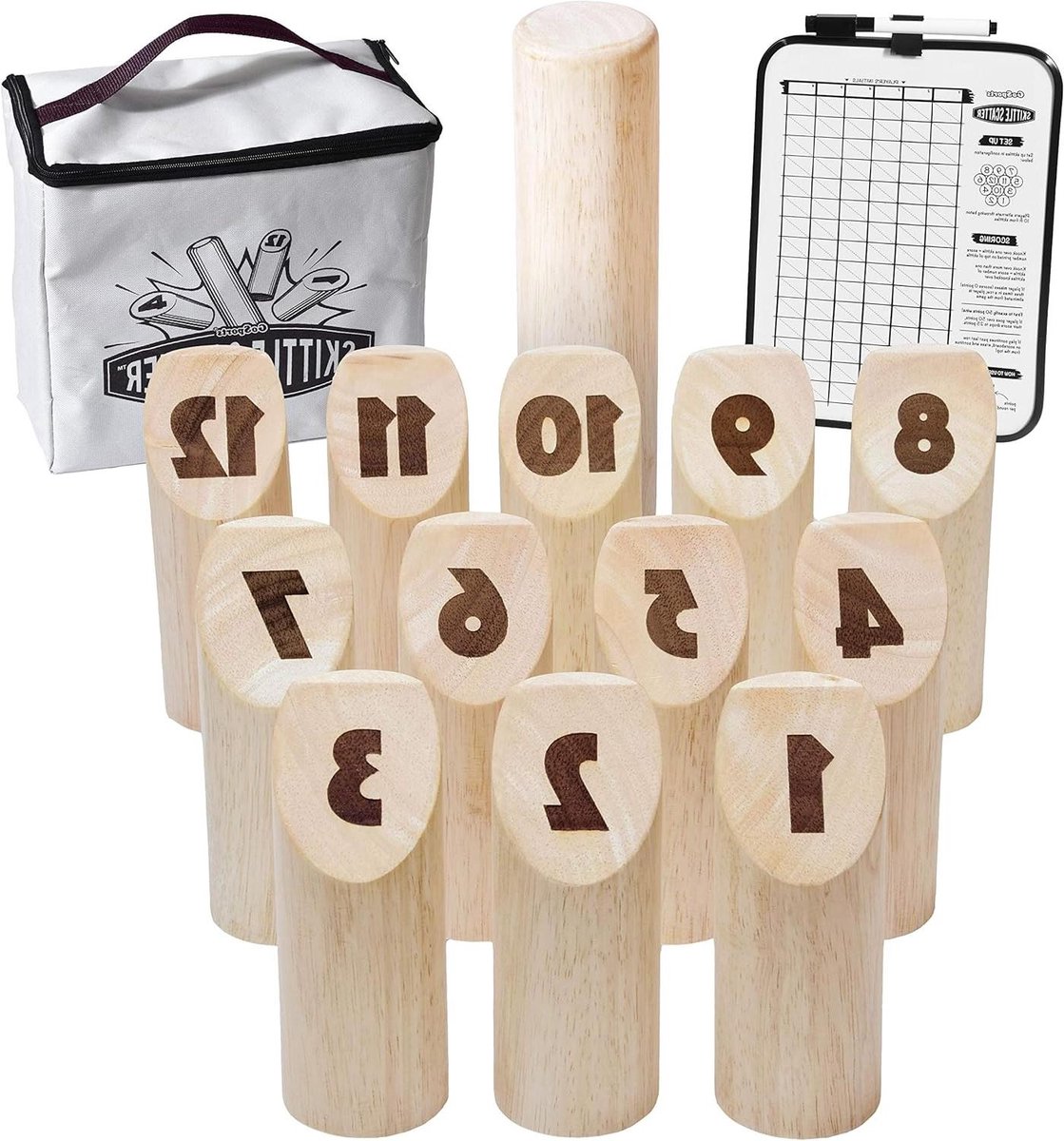 GoSports Skittle Scatter Genummerd Blok Toss Game met scorebord en draagtas - leuk outdoor spel voor alle leeftijden