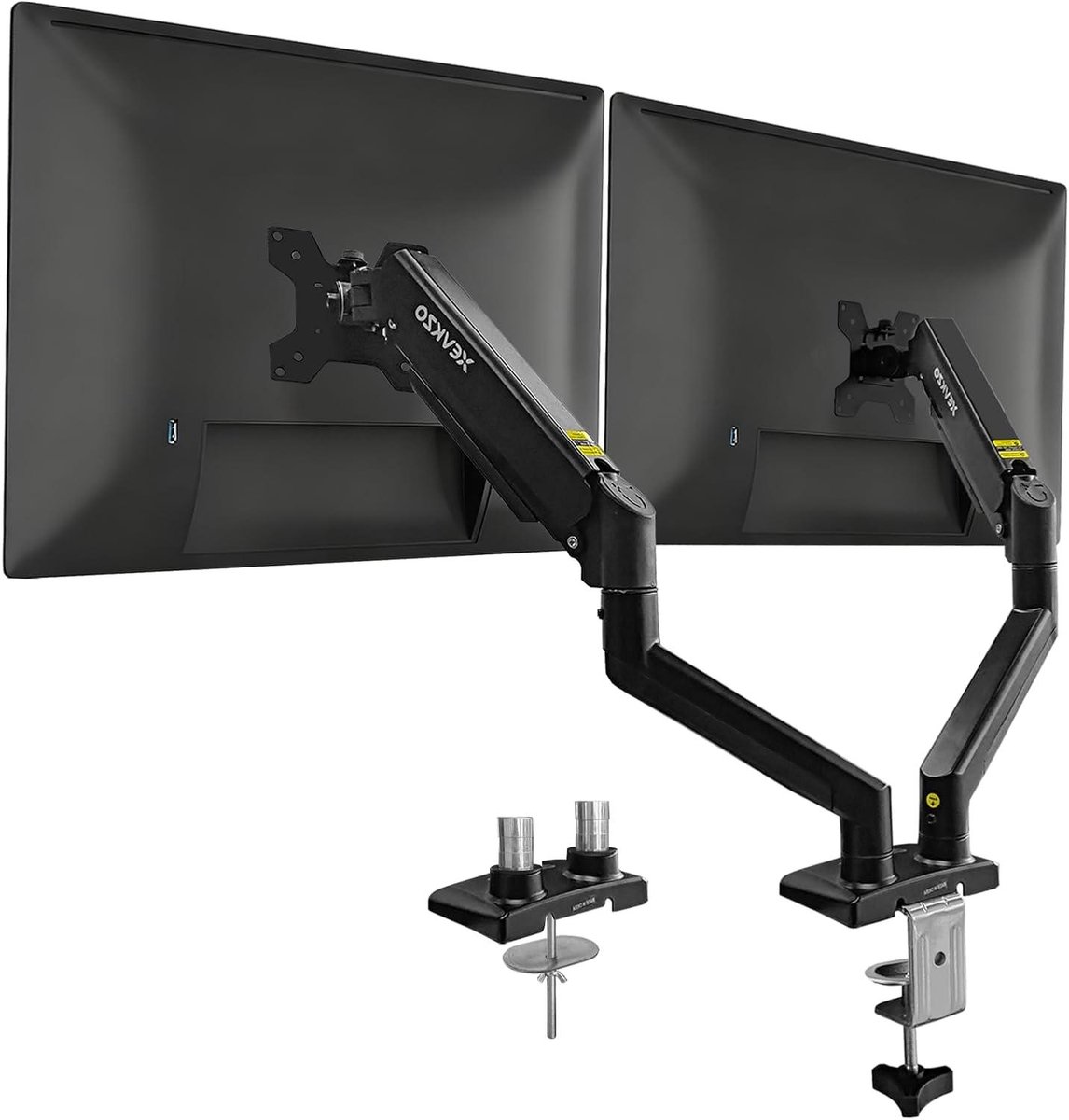 Dubbele monitorarmen, gasveer monitorarmen voor 2 monitoren tot 34 inch gebogen/plat, 22 lbs per arm, VESA-montage 75x75 100x100mm, C-klem en doorvoerbasis, verstelbare kantel/draaibaar/rotatie