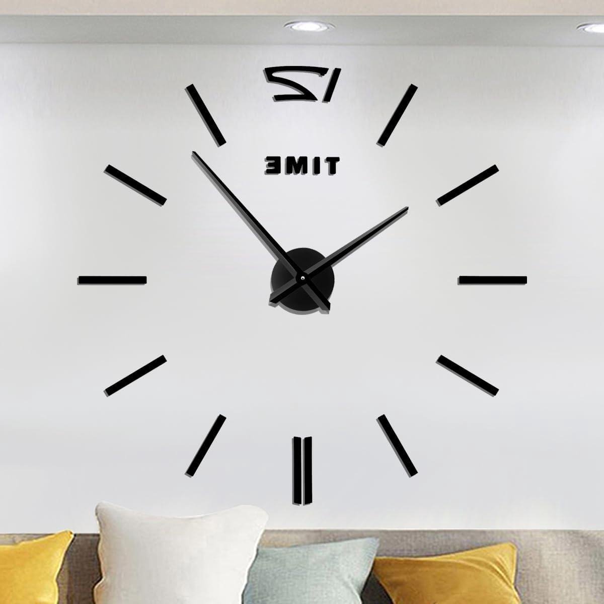 Moderne doe-het-zelf grote wandklok frameloze mute wandklok sticker 3D spiegeleffect acryl sticker metalen grote horloges wandklok thuiskantoor decoratie voor woonkamer (zwart)