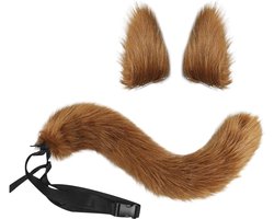 Halloween Cosplay Costume Cat Ears and Tail Set Faux Fur Animal Cat Fox Long Tail Ears Kit Halloween Animal Theme Party Costume Cute Hair Clips Party Props (Beige)