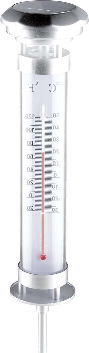 Tuinlamp Thermometer - Zonne-energie Verlichting - Buiten Temperatuur - Geïntegreerde Verlichting - 9x9x57 cm - Zilverkleurig