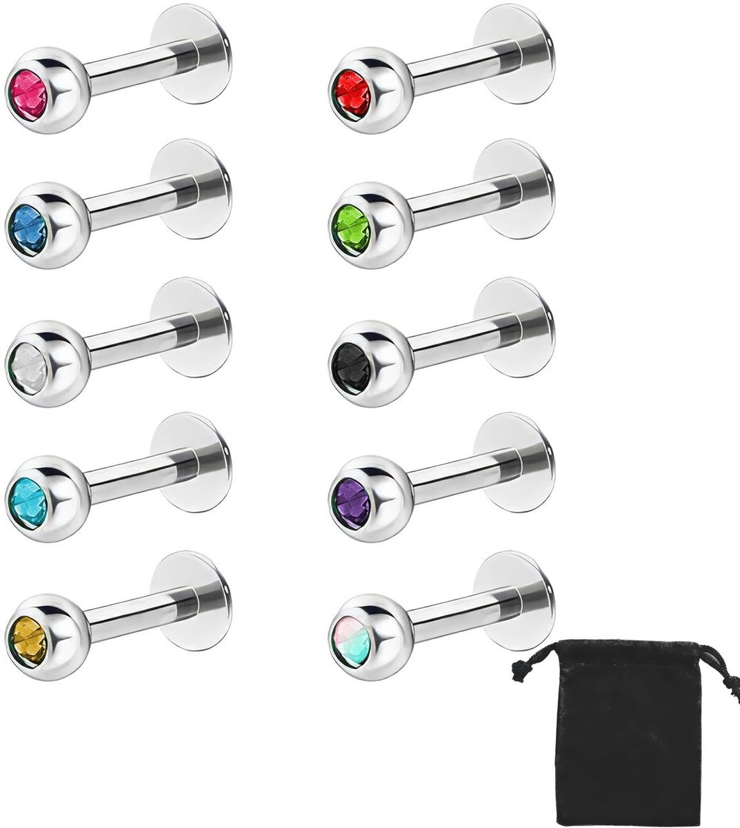 Dailygoods- Lippiercings 10 stuks - Roestvrij Staal - Hypoallergeen - 16 Gauge - Meerkleurig - Kristaldiameter 1,5 mm - Piercings