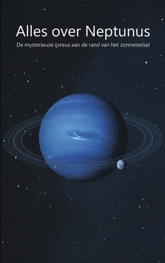 De blauwe planeet Neptunus met ringen en twee manen, onder de titel 'Alles over Neptunus'.