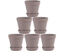Set van 6 Grote Grijze Terracotta Bloempotten met Schotel - 15 cm Potten met Drainage