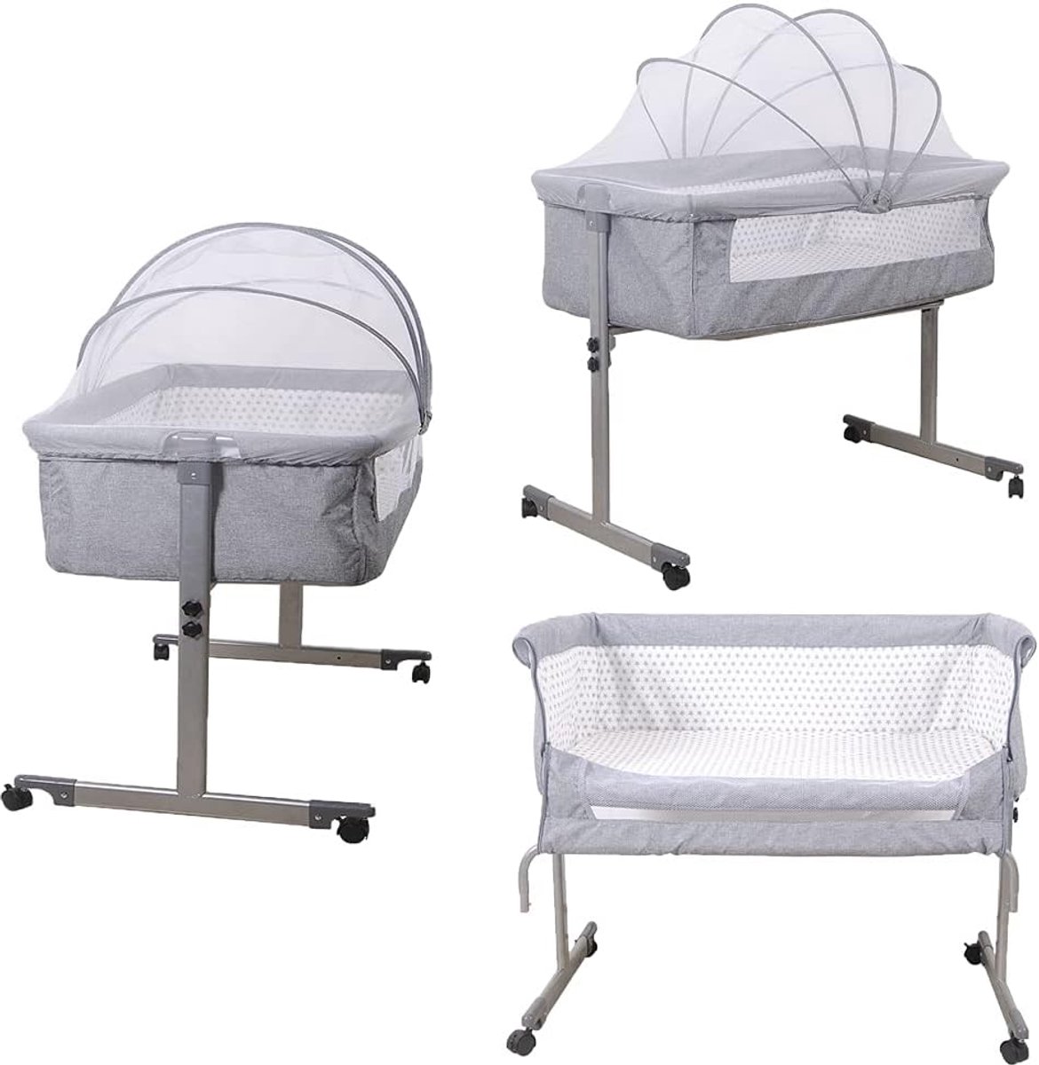 Kinderbed met matras - Babybedje wieg - Veilig slapen - Met muggennet - 96 x 57 x 77 cm - Grijs