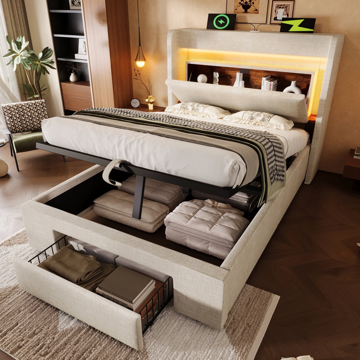 DESMIU Gestoffeerd Bed 90x200 Cm Met Hydraulische Opbergruimte, Hoofdbord Met Laadfunctie En Opbergvak, Ledverlichting, Linnen, Beige, Zonder Matras