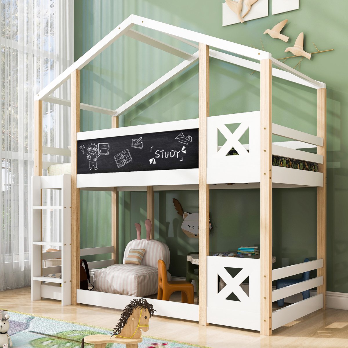 DESMIU Hoogslaper 90x200cm - Kinderbed Met Ladder En Tafel - Omloopbeveiliging En Uitneembare Lattenbodem - Speel En Slaapzone - Massief Hout - Wit Zonder Matras