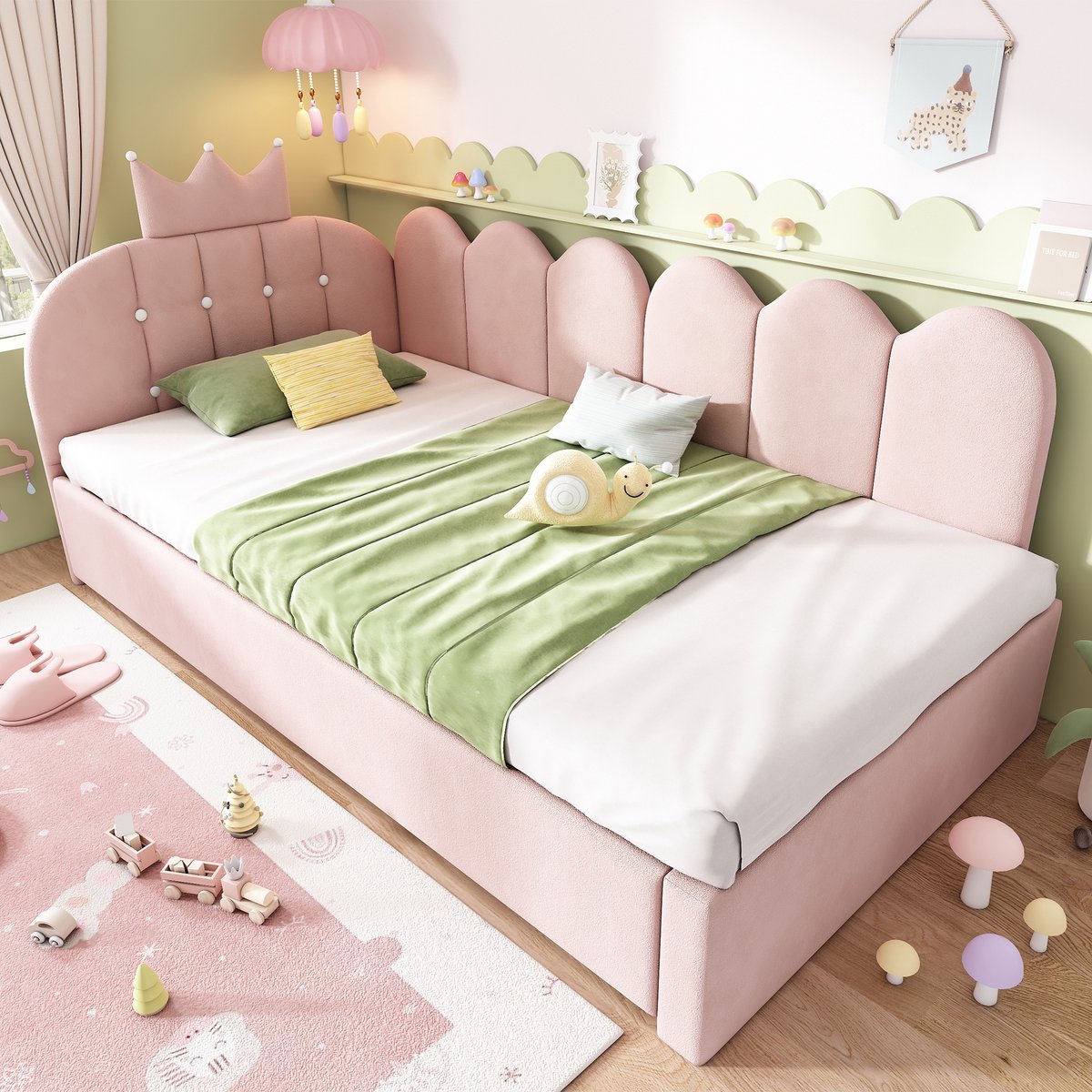 DESMIU Dagbed 90x200 cm - Uitrekbed Met Kruin- En Rasterdesign - L-Vormig Met Opbergruimte Onder Bed - Voor Kinderkamer En Logeerkamer - Zacht Fluweel - Roze Zonder Matras