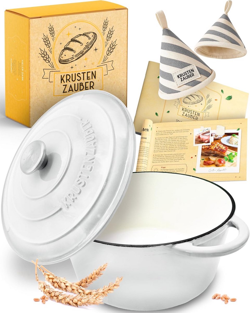 Gietijzeren Pot - Brood Bakvorm - Brood Bakken - Met Deksel - 31 cm - Wit