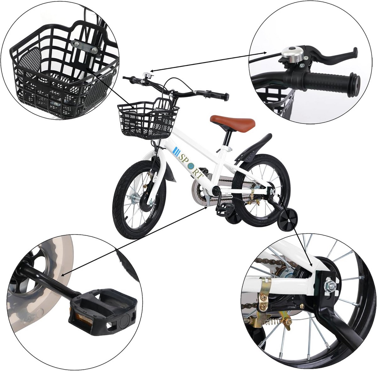 Kinderfiets Loopfiets met trappers Leren fietsen Inclusief zijwieltjes 16 Inch Wit