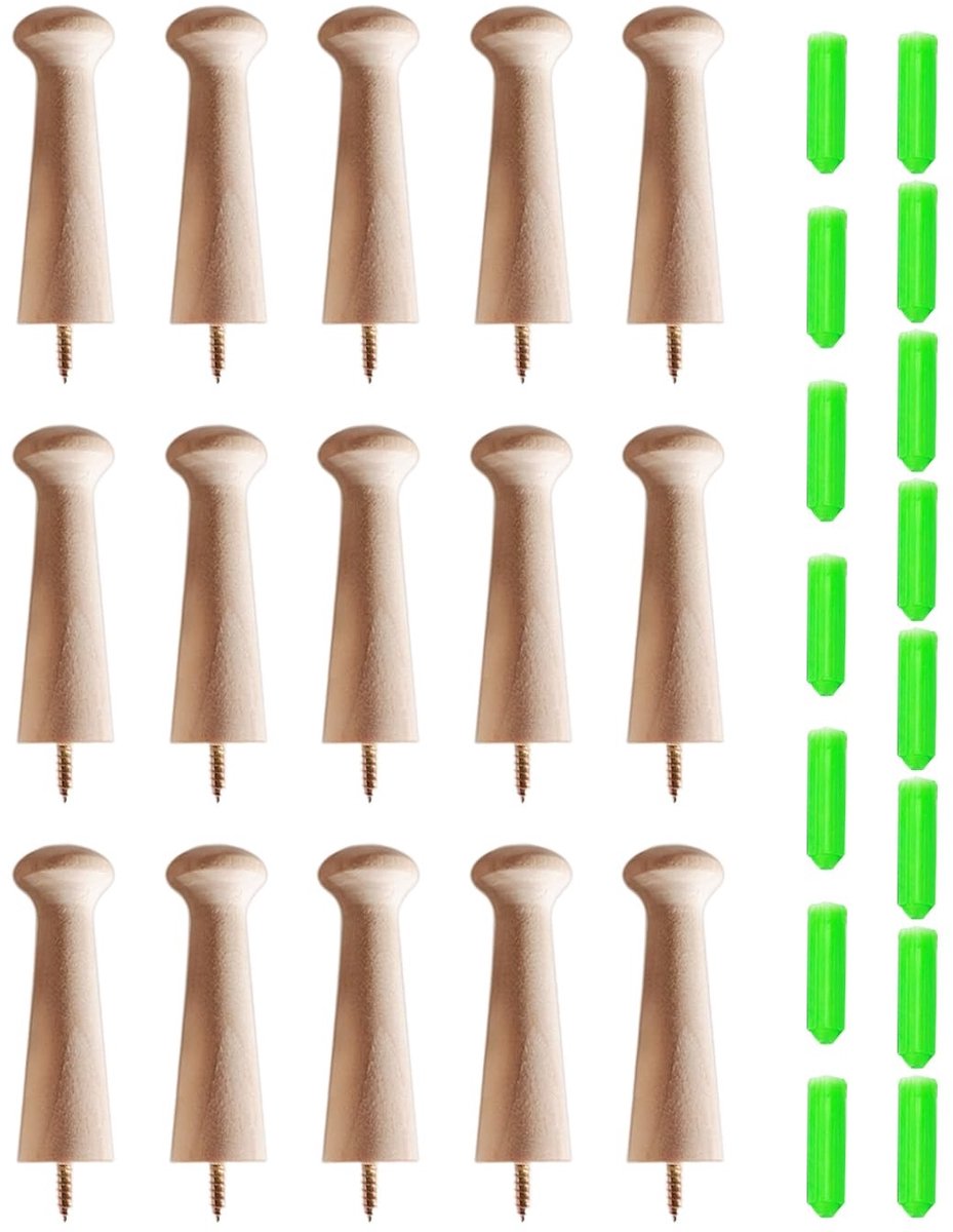 Dailygoods- Wandhaken Houten Set van 15 - Expansiebuis - Kledinghaken - Plantenhaken - Eenvoudig te Installeren - Massief Hout - Haken
