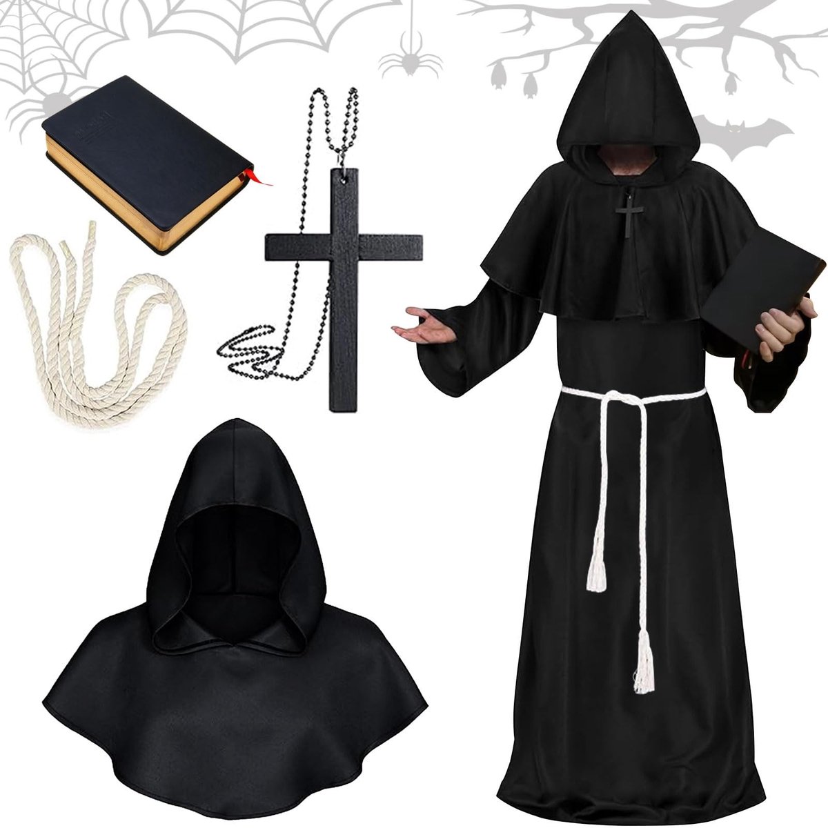 Dailygoods- Monnikkostuum XL - Halloweenkostuum - Priesterkostuumset - Middeleeuws - Cosplay - Klassiek design met capuchon - Kostuum