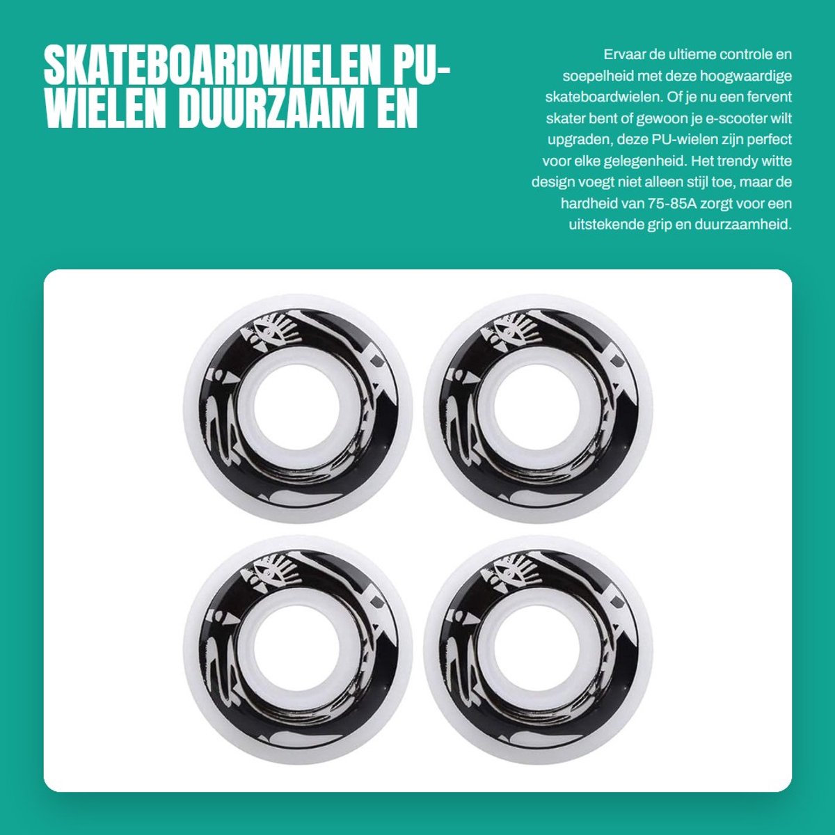 Dailygoods- Skateboardwielen set van 4 - Elastische PU-wielen - Hardheid 75-85A - Duurzaam - Wit/wit met patroon - Goede mobiele besturing