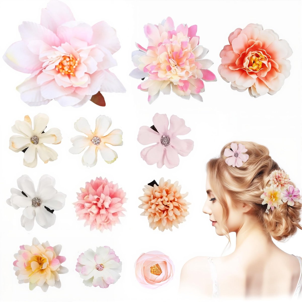 Dailygoods- Kunstbloemenhaarspelden 12 stuks - Boheemse Haaraccessoires - Haardecoratie Vrouwen/Meisjes - Feest/Bruiloft - Zachte Stof - Verschillende Maten 3-8 cm