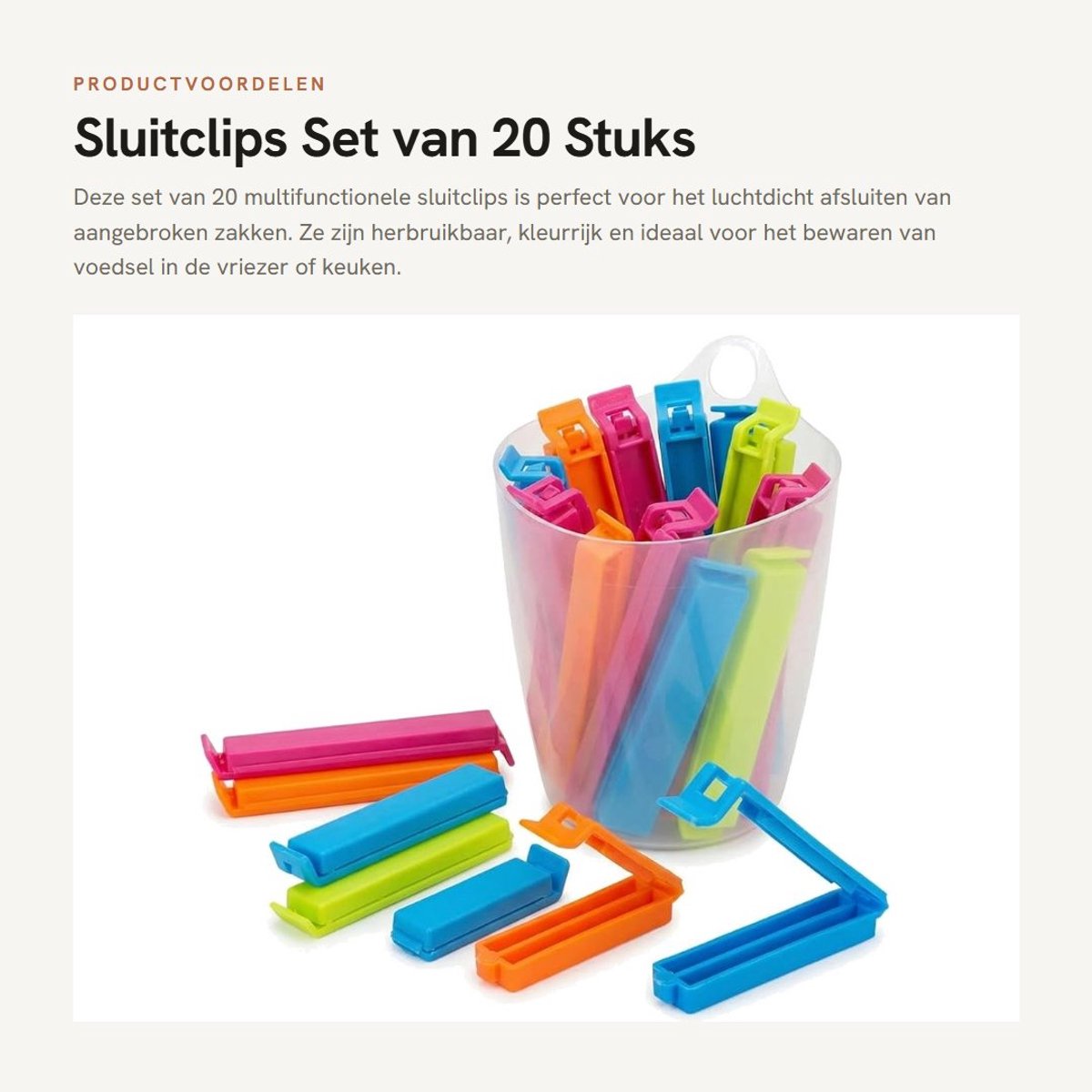 Dailygoods- Sluitclips set van 20 stuks - Luchtdicht - Herbruikbaar - Zaksluitingen - Geschikt voor vriezer - Opbergdoos