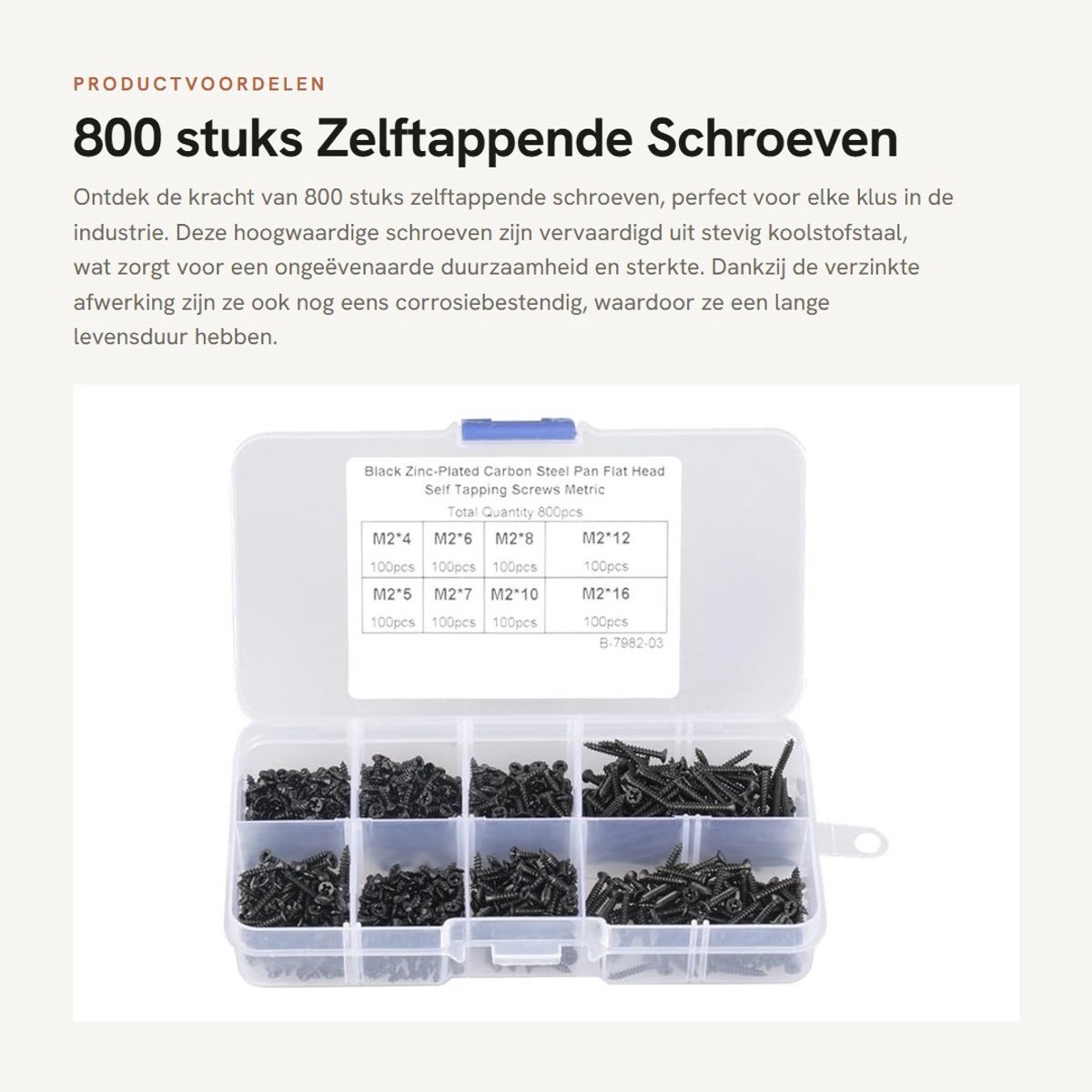 Dailygoods- Zelftappende Schroeven 800 Stuks - Assortiment Kit - Hoogwaardig Koolstofstaal - Corrosiebestendig - Opbergdoos - 8 Lengtes