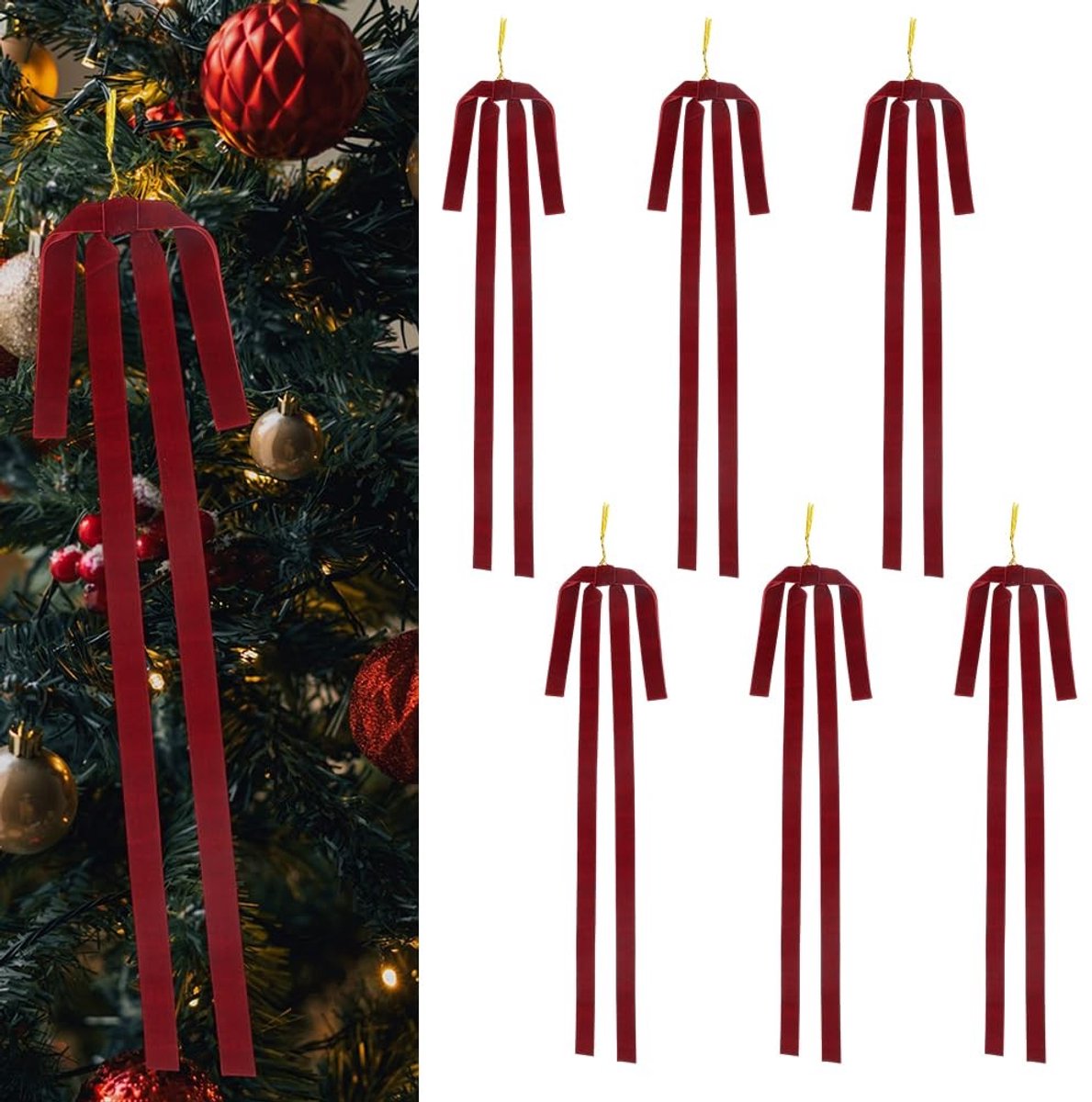 Dailygoods- Kerststrikken 6 stuks - Fluwelen Vintage Stijl - Polyester Decoratieve Hanger - Voor Kerstboom - Luxe Afwerking - Perfecte Versiering - Kerstdecoratie